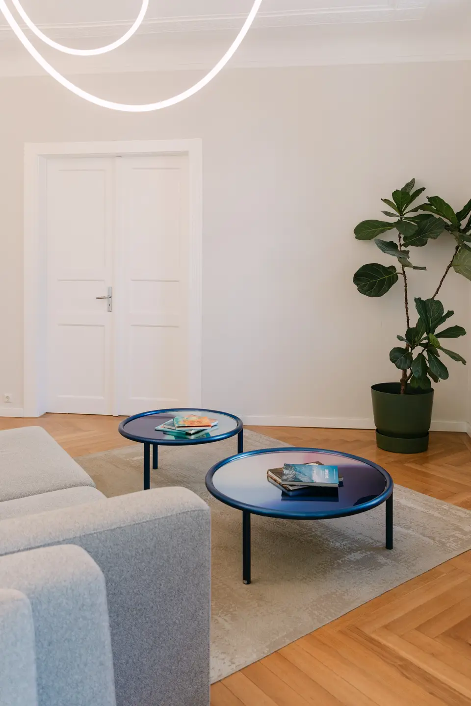 Wartebereich mit grauem Sofa, blauen Couchtischen und einer Zimmerpflanze